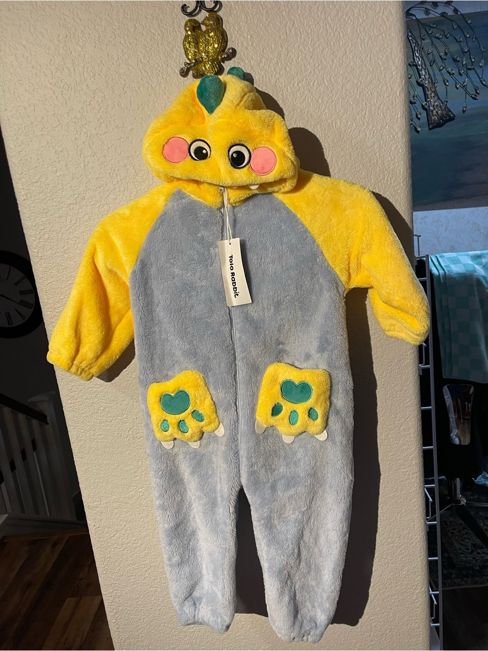 Yellow & Gray Plush Kids One-Piece Dino Costume PjS 2T NEW